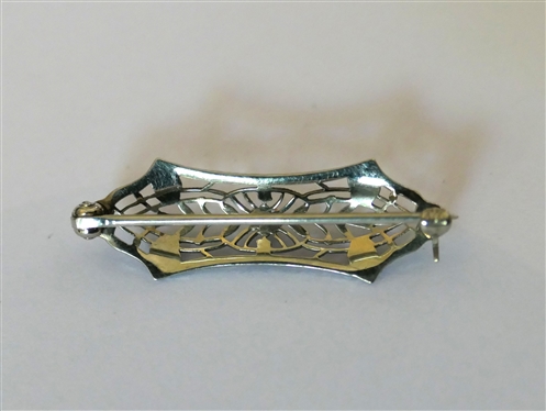 14kt White Gold Filigree Bar Pin with Seed Pearl in Center - Measures 1 Across