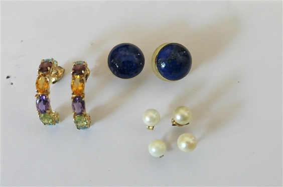 4 Pairs of 14kt Gold Earrings - 2 Pairs of Pearl Studs, 3/4 Semi Circles with Multi Colored Stones, and Button Style with Blue Lapis Stones 