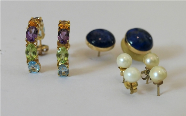 4 Pairs of 14kt Gold Earrings - 2 Pairs of Pearl Studs, 3/4 Semi Circles with Multi Colored Stones, and Button Style with Blue Lapis Stones 