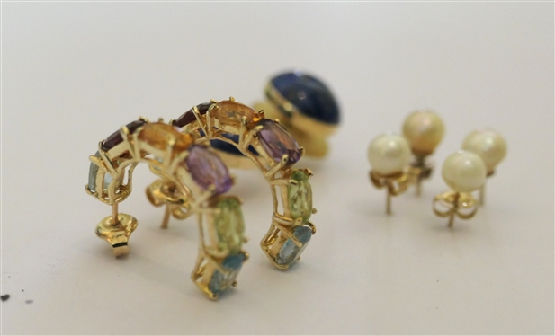 4 Pairs of 14kt Gold Earrings - 2 Pairs of Pearl Studs, 3/4 Semi Circles with Multi Colored Stones, and Button Style with Blue Lapis Stones 