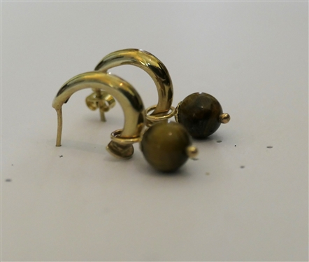 9kt Yellow Gold Earrings with Tigers Eye Balls - Marked 375 