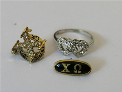 3 Pieces of 10kt Gold - White Gold Double Heart Ring with Diamond Accent, and 2 Sorority / Fraternity Pins