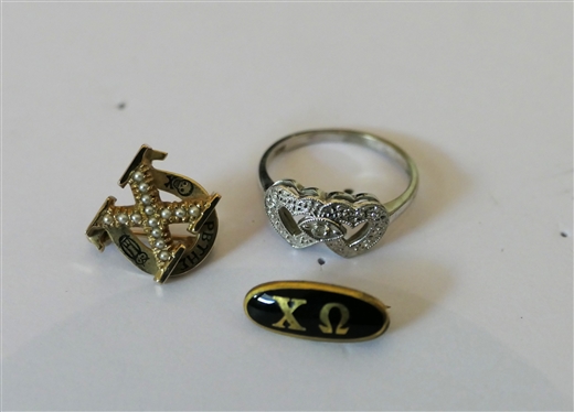 3 Pieces of 10kt Gold - White Gold Double Heart Ring with Diamond Accent, and 2 Sorority / Fraternity Pins