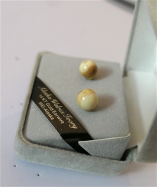 Alaska Walrus Ivory Stud Earrings with 14kt Gold Ear wires - In Original Box 