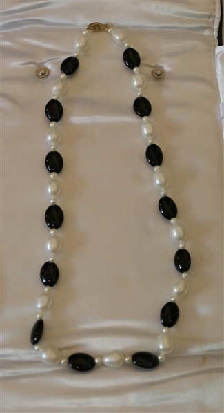 Black Onyx and Pearl Necklace with 14kt Gold Clasp - in Original Belk & Co. Presentation Folio - Necklace Measures 18" Long 
