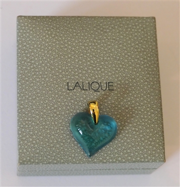 Lalique Blue Crystal Heart Pendant - Gold Over Sterling Silver Bail - Heart Measures 3/4
