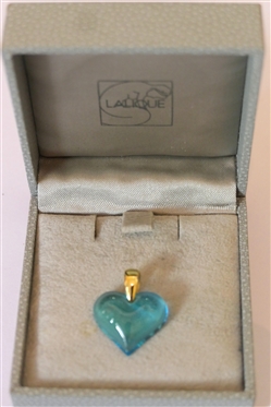Lalique Blue Crystal Heart Pendant - Gold Over Sterling Silver Bail - Heart Measures 3/4