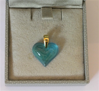 Lalique Blue Crystal Heart Pendant - Gold Over Sterling Silver Bail - Heart Measures 3/4