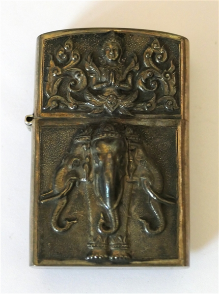 Siam Sterling Silver Lighter - Repousse Elephant with Rider and Goddess Figure 