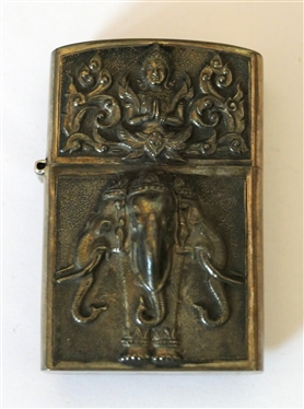 Siam Sterling Silver Lighter - Repousse Elephant with Rider and Goddess Figure 