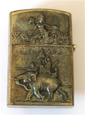 Siam Sterling Silver Lighter - Repousse Elephant with Rider and Goddess Figure 