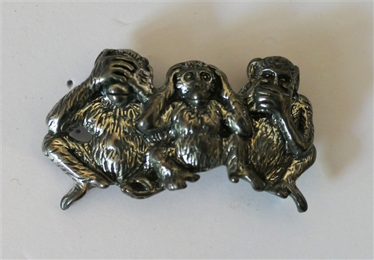 Sterling Silver No Evil Monkey Brooch - Marked with S - Measures 1 3/4 Long 
