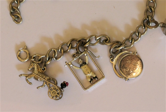 2 Sterling Silver Charm Bracelets Loaded with Charms - Airplane, Horse and Carriage, Mail Box, Pig, Skull, Animals, Circus Performer, and Many More 