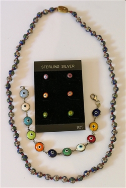 Sterling Silver Evil Eye Bracelet, Tiny Stud Earring with Sterling Silver Posts, and Cloisonné Beaded Necklace with Silver Clasp