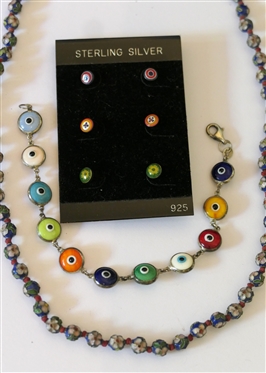 Sterling Silver Evil Eye Bracelet, Tiny Stud Earring with Sterling Silver Posts, and Cloisonné Beaded Necklace with Silver Clasp