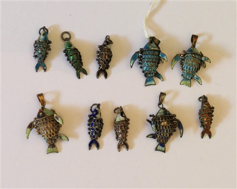 10 Sterling Silver Enamel Reticulated Fish Charms - All Approx 1 Long 
