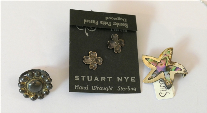 Sterling Silver Petit Pierced Dogwood Earrings by Stuart NYE, Concho Style Sterling Ring, and Sterling Silver Abalone Star Pin 