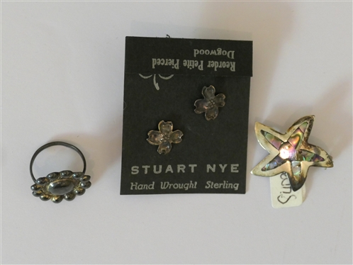 Sterling Silver Petit Pierced Dogwood Earrings by Stuart NYE, Concho Style Sterling Ring, and Sterling Silver Abalone Star Pin 