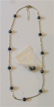 Sterling Silver and Black Pearl Necklace and Earrings - 18 Adjustable Length Necklace with Black Pearl Stations and Pair of Stud Earrings