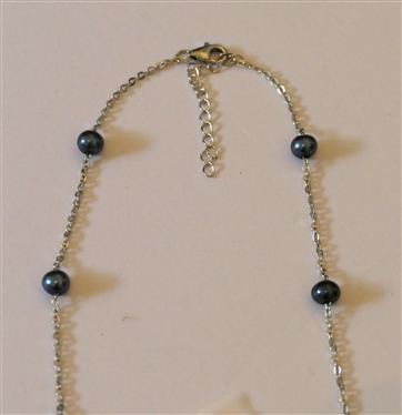 Sterling Silver and Black Pearl Necklace and Earrings - 18 Adjustable Length Necklace with Black Pearl Stations and Pair of Stud Earrings