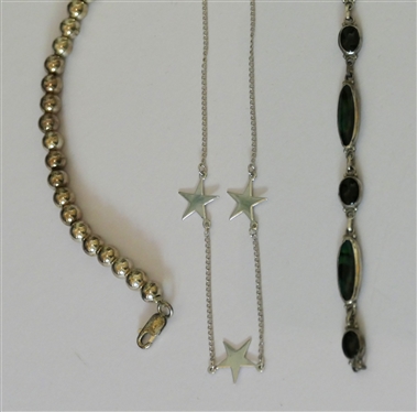 2 Sterling Silver Bracelets and Sterling Silver Necklace with Star Stations  - Necklace is 14, Bracelet with Stones is 7 1/2 