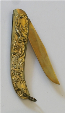 Oriental Brass Folding Pocket Knife with Embossed Mermaid and Scrolling - Knife Closed is 3