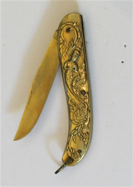 Oriental Brass Folding Pocket Knife with Embossed Mermaid and Scrolling - Knife Closed is 3