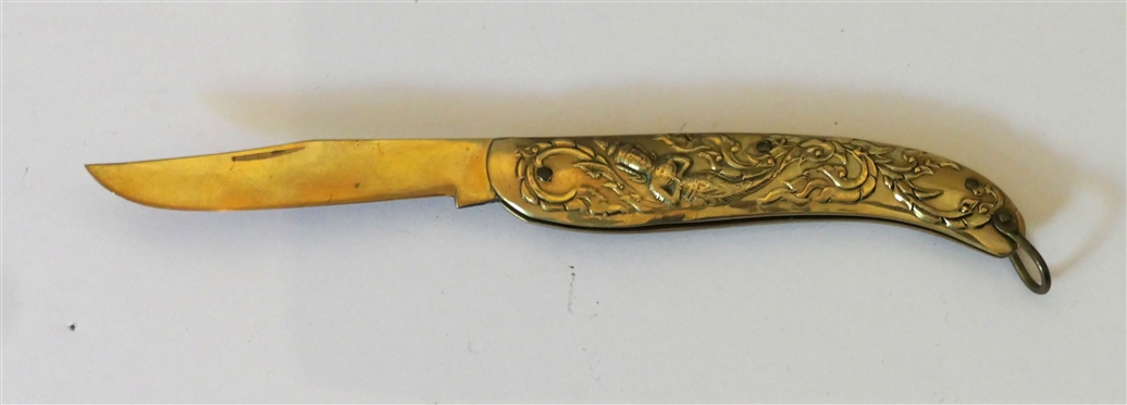Oriental Brass Folding Pocket Knife with Embossed Mermaid and Scrolling - Knife Closed is 3