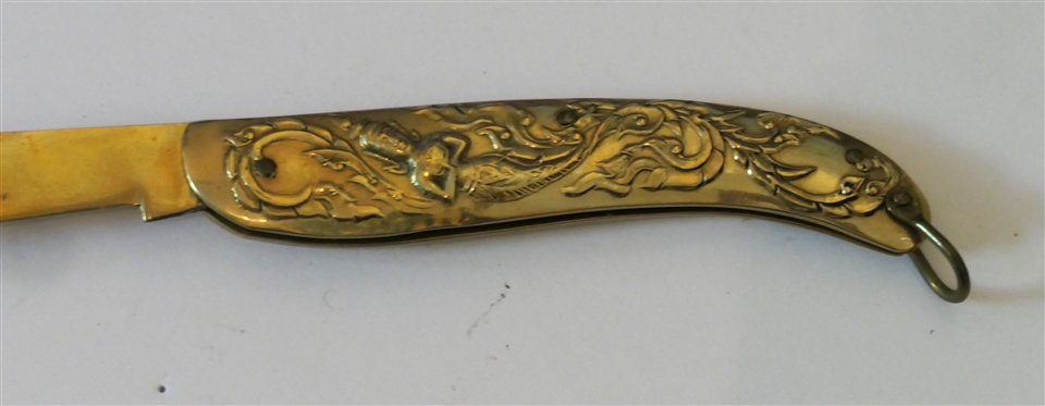 Oriental Brass Folding Pocket Knife with Embossed Mermaid and Scrolling - Knife Closed is 3