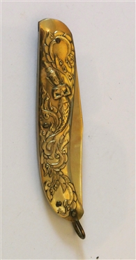 Oriental Brass Folding Pocket Knife with Embossed Mermaid and Scrolling - Knife Closed is 3