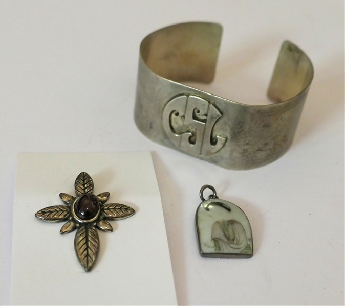 Monogrammed Sterling Silver Cuff Bracelet, Chinese Porcelain Pendant with Sterling Silver Frame, and Sterling Silver Cross Pendant 