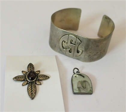 Monogrammed Sterling Silver Cuff Bracelet, Chinese Porcelain Pendant with Sterling Silver Frame, and Sterling Silver Cross Pendant 