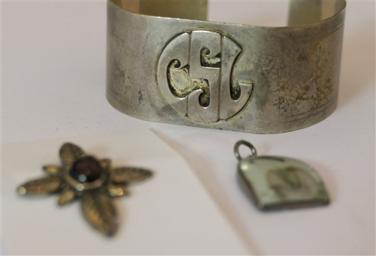 Monogrammed Sterling Silver Cuff Bracelet, Chinese Porcelain Pendant with Sterling Silver Frame, and Sterling Silver Cross Pendant 
