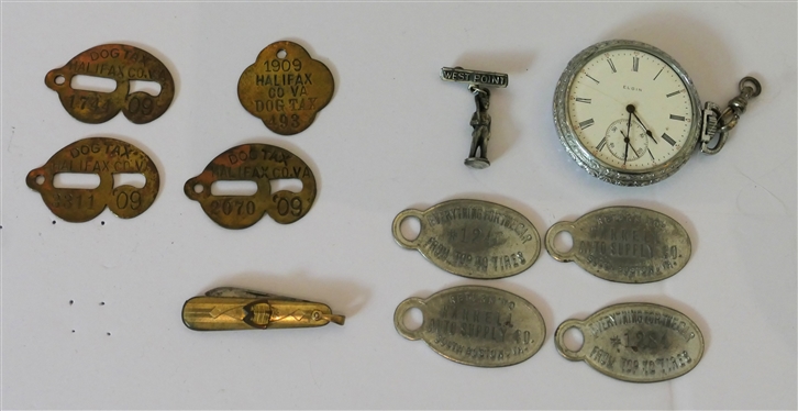 Mixed Lot including West Point Pin, Elgin 17 Jewel Side Winder Pocket Watch - Missing Crystal, Miniature Pocket Knife, Halifax Co. Virginia Dog Tax Tags, and Harrell Auto Supply Key Tags