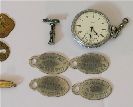 Mixed Lot including West Point Pin, Elgin 17 Jewel Side Winder Pocket Watch - Missing Crystal, Miniature Pocket Knife, Halifax Co. Virginia Dog Tax Tags, and Harrell Auto Supply Key Tags