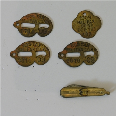 Mixed Lot including West Point Pin, Elgin 17 Jewel Side Winder Pocket Watch - Missing Crystal, Miniature Pocket Knife, Halifax Co. Virginia Dog Tax Tags, and Harrell Auto Supply Key Tags