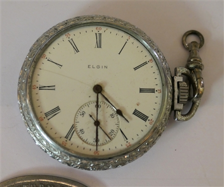 Mixed Lot including West Point Pin, Elgin 17 Jewel Side Winder Pocket Watch - Missing Crystal, Miniature Pocket Knife, Halifax Co. Virginia Dog Tax Tags, and Harrell Auto Supply Key Tags