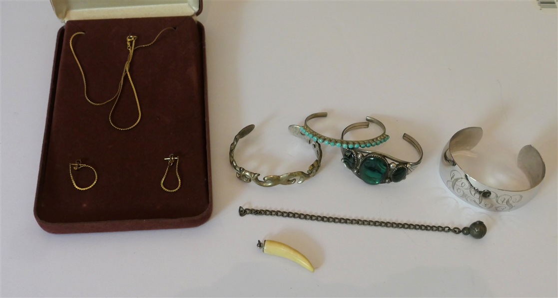 Jewelry Lot including National Chain Gold Filled Chain Necklace with Matching Earring with Gold Posts, Handmade Bracelets, Monogrammed Cuff, Tusk Pendant, and Abalone Cuff, 