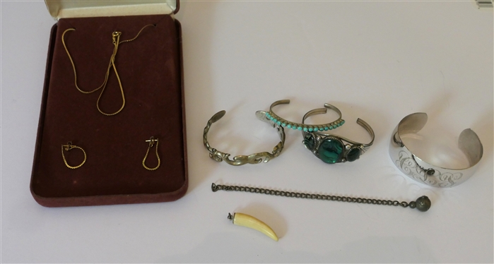 Jewelry Lot including National Chain Gold Filled Chain Necklace with Matching Earring with Gold Posts, Handmade Bracelets, Monogrammed Cuff, Tusk Pendant, and Abalone Cuff, 
