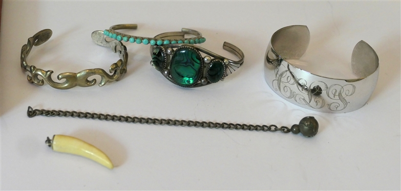 Jewelry Lot including National Chain Gold Filled Chain Necklace with Matching Earring with Gold Posts, Handmade Bracelets, Monogrammed Cuff, Tusk Pendant, and Abalone Cuff, 