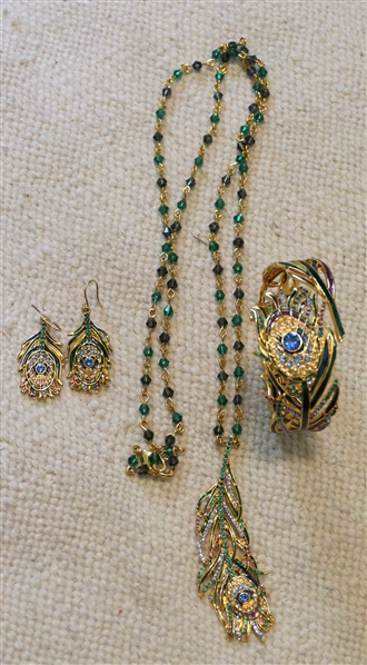 The Metropolitan Museum of Art Peacock Feather Cuff Bracelet, Earrings, and Necklace Set 