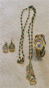The Metropolitan Museum of Art Peacock Feather Cuff Bracelet, Earrings, and Necklace Set 