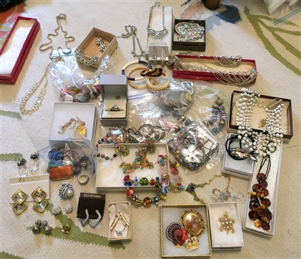 Large Costume Jewelry Lot including Rhinestones, Beads, Bangles, Art Glass Beaded Bracelets, Art Glass Pendants, Brooches, Rhinestone Bracelets, Amber Necklace, Fashion Jewelry