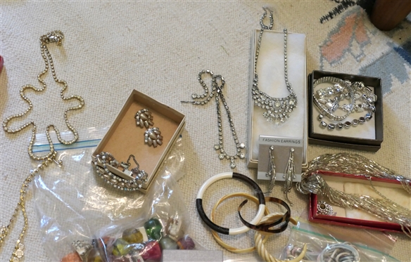 Large Costume Jewelry Lot including Rhinestones, Beads, Bangles, Art Glass Beaded Bracelets, Art Glass Pendants, Brooches, Rhinestone Bracelets, Amber Necklace, Fashion Jewelry