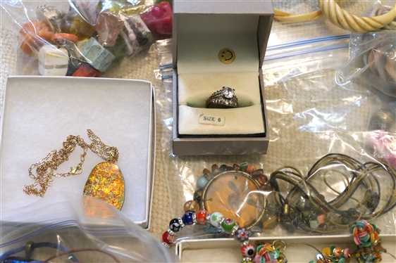 Large Costume Jewelry Lot including Rhinestones, Beads, Bangles, Art Glass Beaded Bracelets, Art Glass Pendants, Brooches, Rhinestone Bracelets, Amber Necklace, Fashion Jewelry