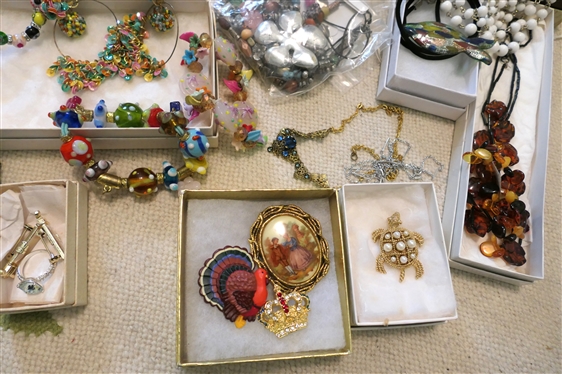 Large Costume Jewelry Lot including Rhinestones, Beads, Bangles, Art Glass Beaded Bracelets, Art Glass Pendants, Brooches, Rhinestone Bracelets, Amber Necklace, Fashion Jewelry