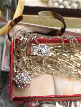 Large Costume Jewelry Lot including Rhinestones, Beads, Bangles, Art Glass Beaded Bracelets, Art Glass Pendants, Brooches, Rhinestone Bracelets, Amber Necklace, Fashion Jewelry
