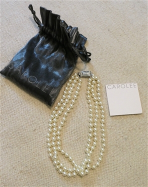 Carolee Triple Strand Pearl Necklace - Silver Clasp with Crystal Accents - Necklace Measures 18