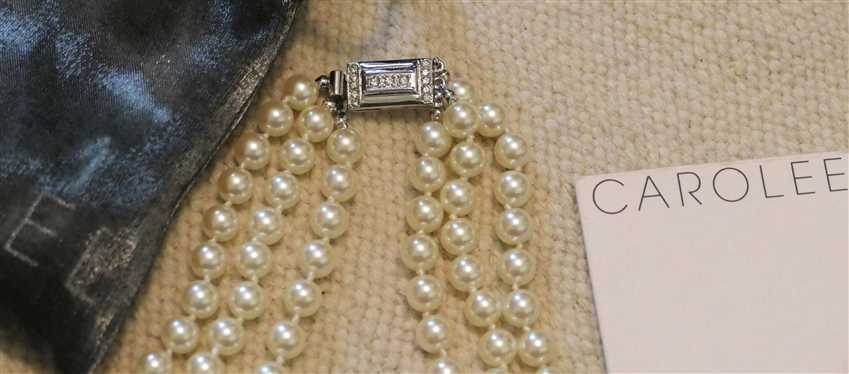 Carolee Triple Strand Pearl Necklace - Silver Clasp with Crystal Accents - Necklace Measures 18