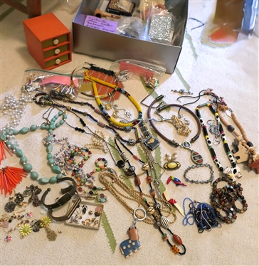 Large Lot of Costume Jewelry including Copper Bracelets, Wood Necklaces, Beaded Necklaces, Handmade Beads, Rhinestones, Brooches, Earrings, Pins, Cows, Animals, 